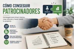 Reunión profesional en una oficina con vistas a un campo deportivo, donde se presenta una propuesta sobre cómo captar sponsors para un club.