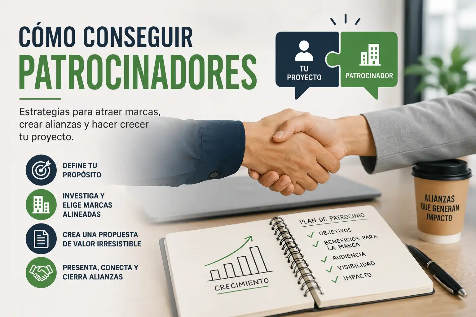 Reunión profesional en una oficina con vistas a un campo deportivo, donde se presenta una propuesta sobre cómo captar sponsors para un club.