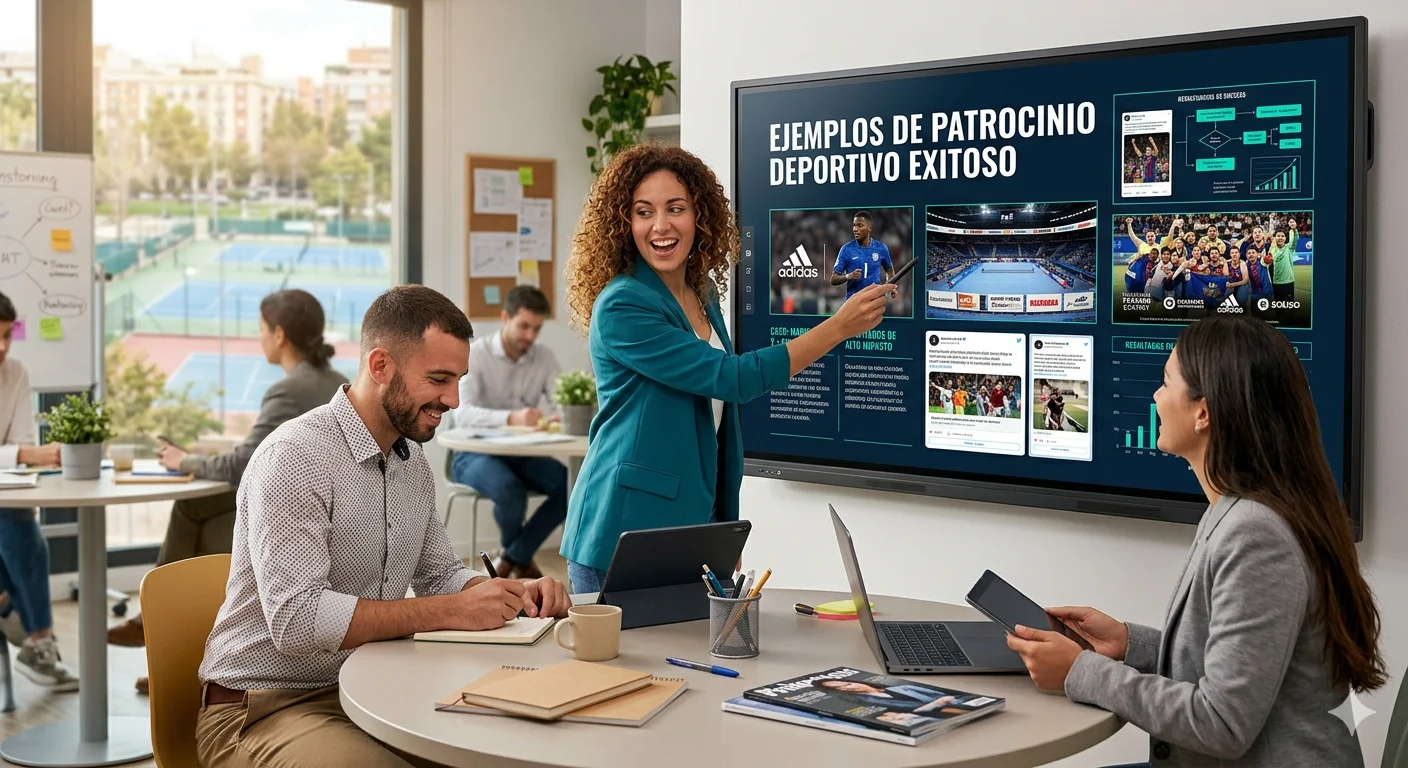 Profesionales en una oficina colaborando frente a una pantalla interactiva que muestra ejemplos de patrocinio deportivo exitoso, con gráficos y casos de estudio.