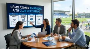 Profesionales del sector deportivo colaborando en una oficina con vistas a un estadio, revisando estrategias financieras y un dossier para conseguir patrocinadores empresariales.