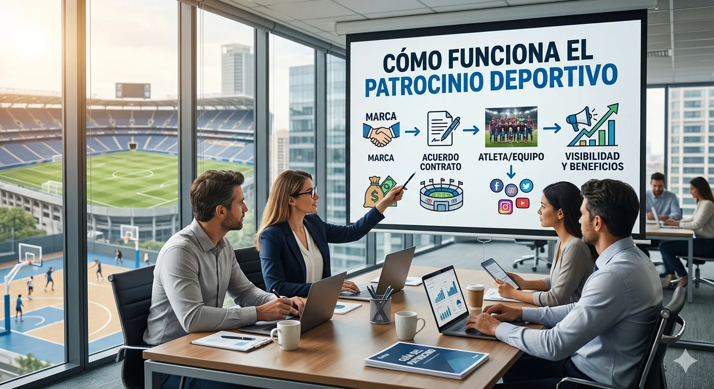 Reunión de equipo analizando una infografía detallada en español sobre cómo funciona el patrocinio deportivo.