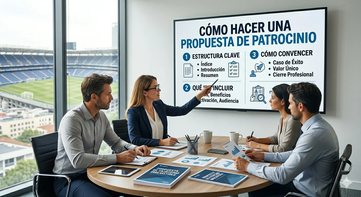 Reunión de equipo analizando una infografía detallada sobre cómo hacer una propuesta de patrocinio.