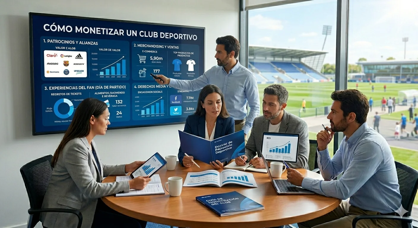 Una equipo de profesionales en una oficina con vistas a un estadio, analizando una gran pantalla que muestra estrategias de negocio para monetizar un club deportivo.